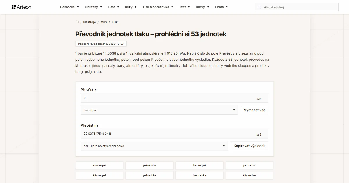 Snímek obrazovky bezplatného nástroje Arteon: Převodník jednotek tlaku – prohlédni si 53 jednotek