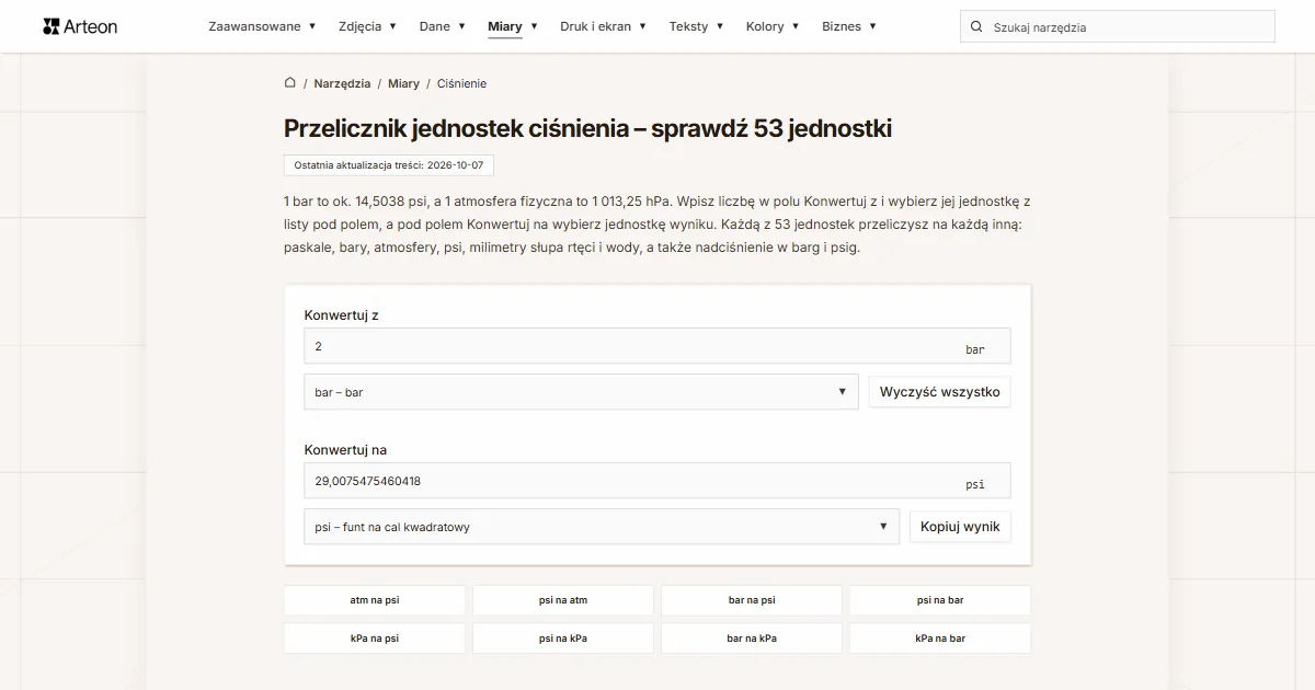 Zrzut ekranu darmowego narzędzia Arteon: Przelicznik jednostek ciśnienia – sprawdź 53 jednostki