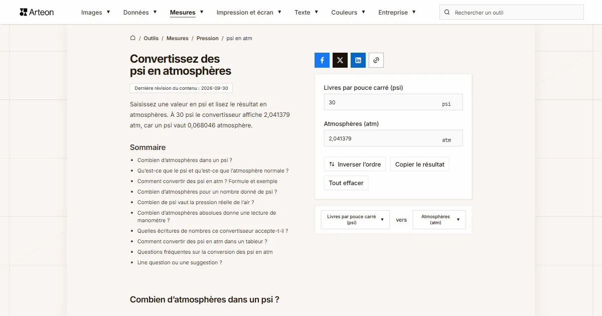 Capture d'écran de l'outil gratuit d'Arteon: Convertissez des psi en atmosphères