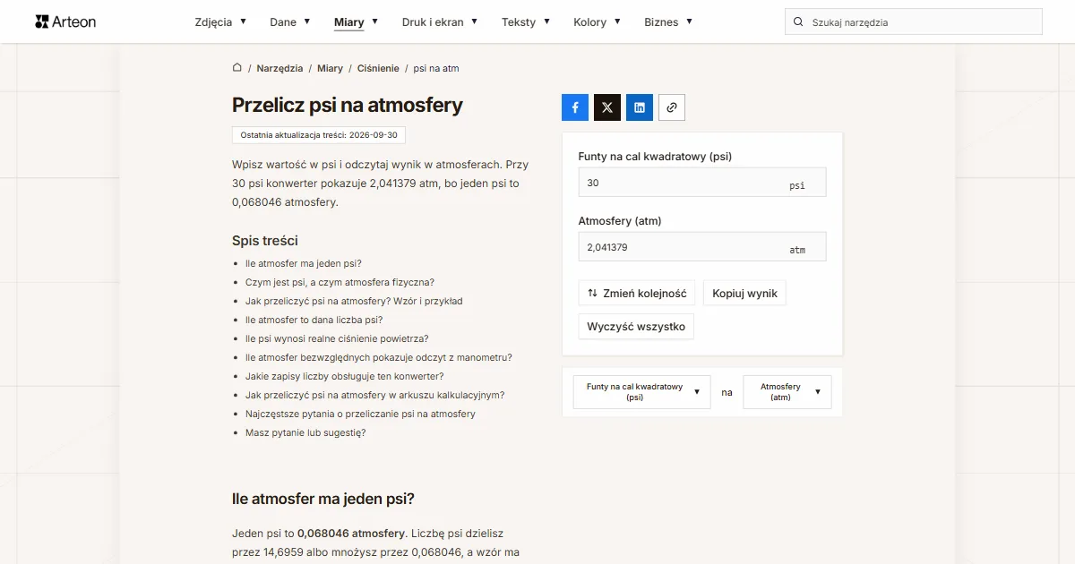 Zrzut ekranu darmowego narzędzia Arteon: Przelicz psi na atmosfery