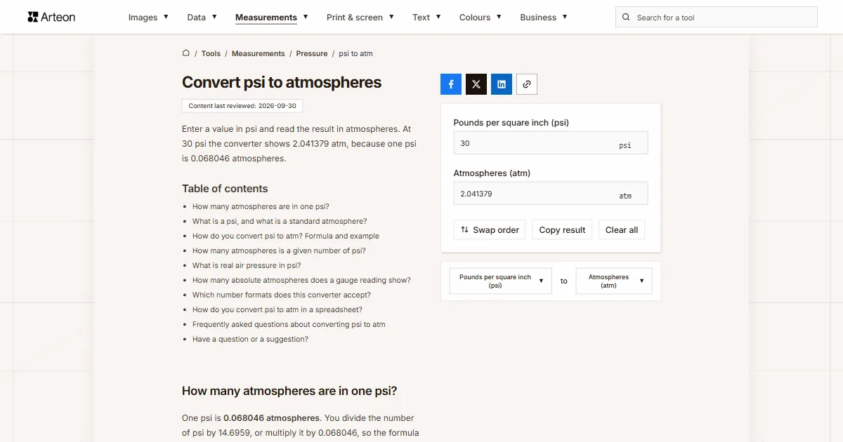 Arteon free tool screenshot: Convert psi to atmospheres