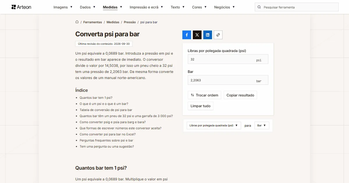 Captura de ecrã da ferramenta gratuita da Arteon: Converta psi para bar