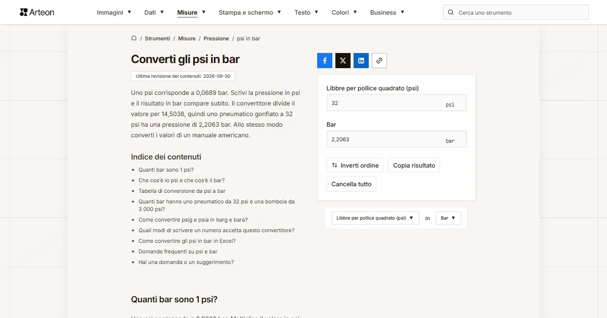 Screenshot dello strumento gratuito Arteon: Converti gli psi in bar