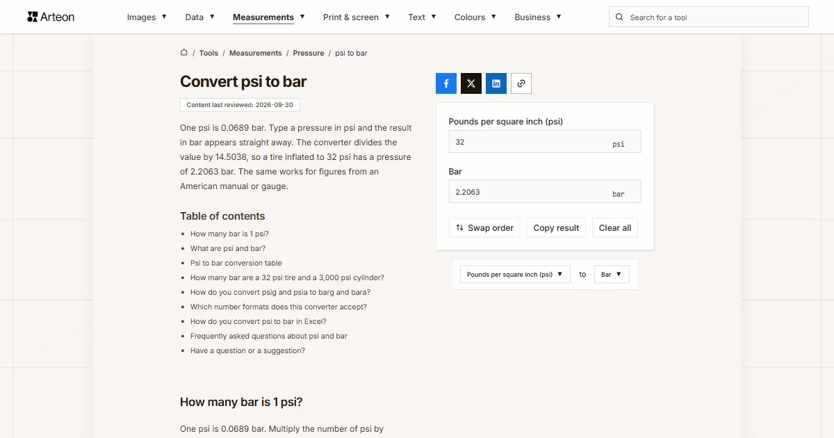 Arteon free tool screenshot: Convert psi to bar