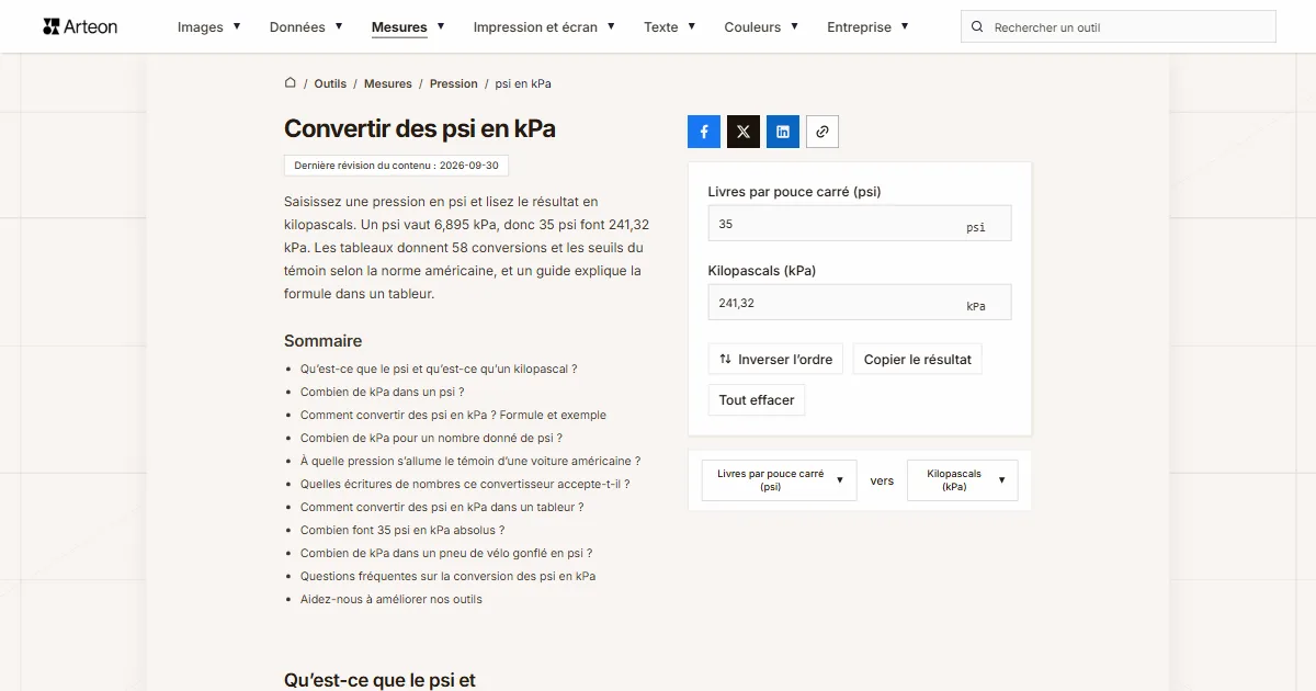 Capture d'écran de l'outil gratuit d'Arteon: Convertir des psi en kPa