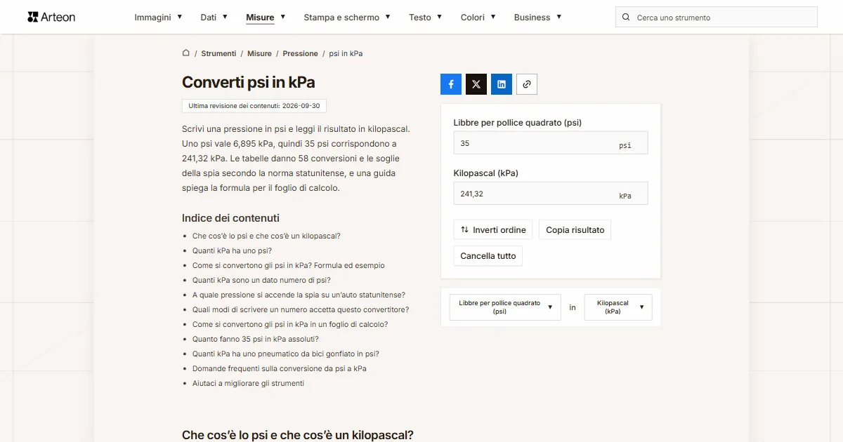 Screenshot dello strumento gratuito Arteon: Converti psi in kPa