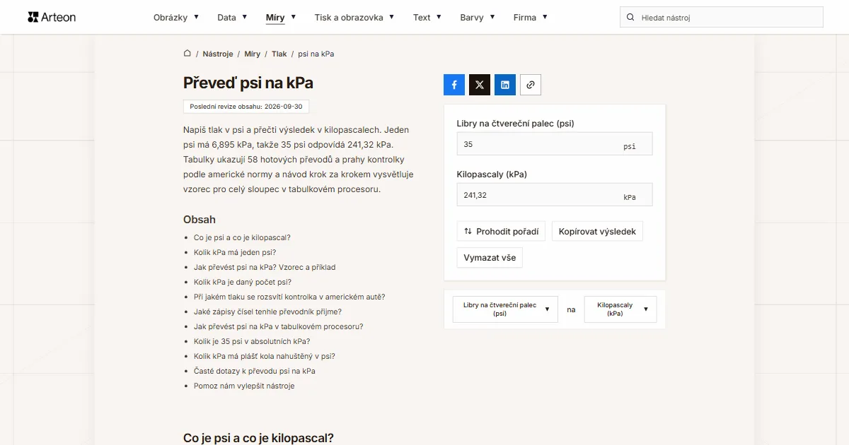 Snímek obrazovky bezplatného nástroje Arteon: Převeď psi na kPa
