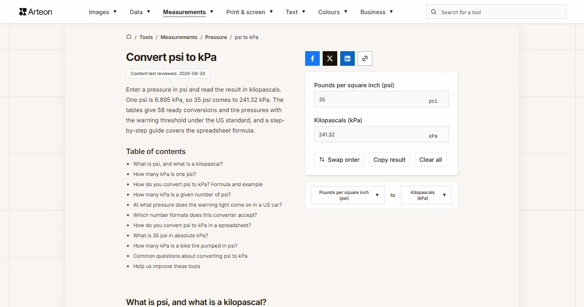 Arteon free tool screenshot: Convert psi to kPa