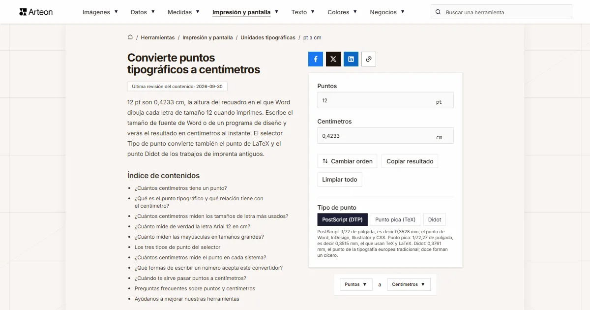 Captura de pantalla de la herramienta gratuita de Arteon: Convierte puntos tipográficos a centímetros
