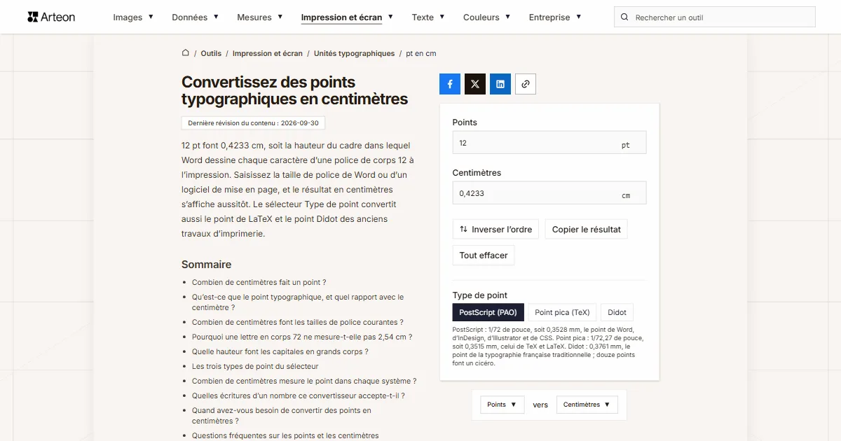 Capture d'écran de l'outil gratuit d'Arteon: Convertissez des points typographiques en centimètres