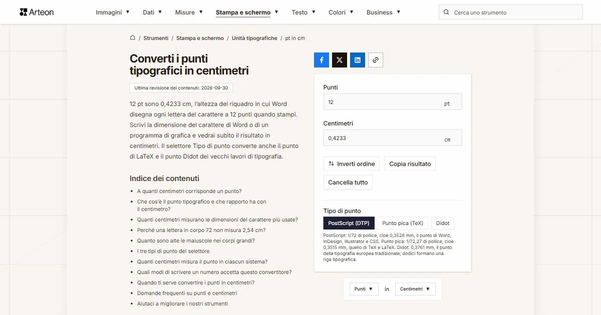 Screenshot dello strumento gratuito Arteon: Converti i punti tipografici in centimetri