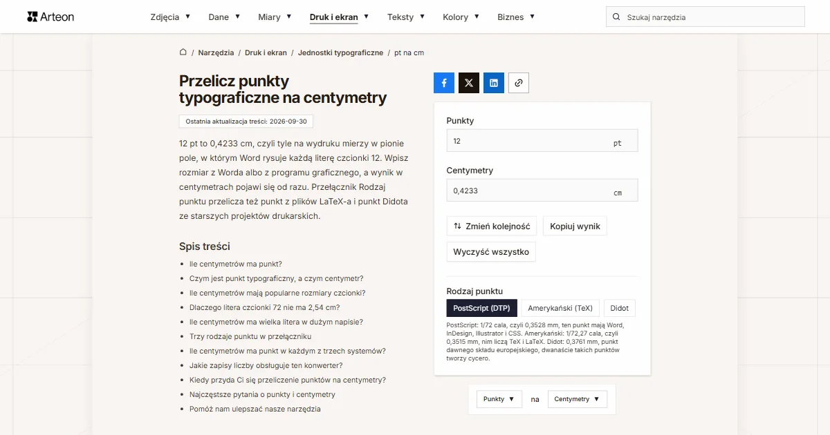 Zrzut ekranu darmowego narzędzia Arteon: Przelicz punkty typograficzne na centymetry