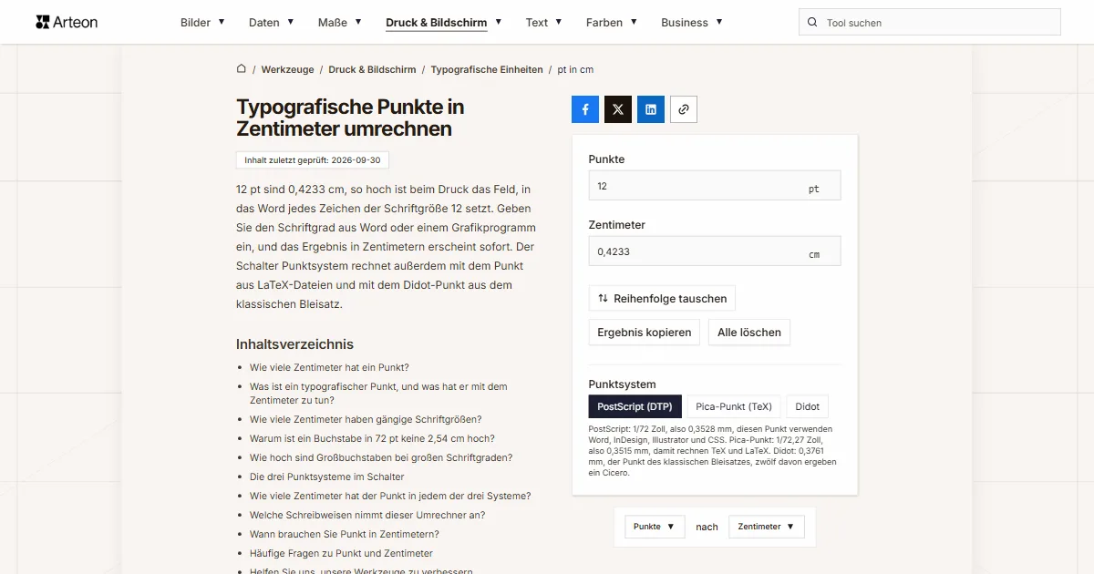 Screenshot des kostenlosen Arteon-Werkzeugs: Typografische Punkte in Zentimeter umrechnen