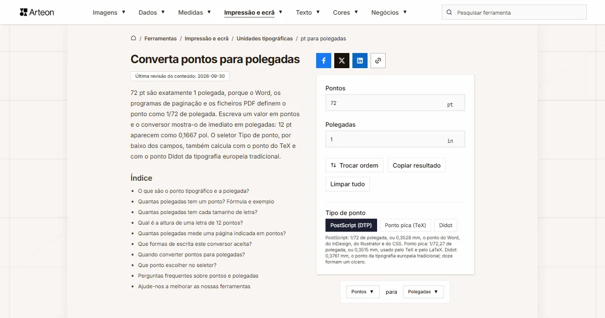 pt para polegadas