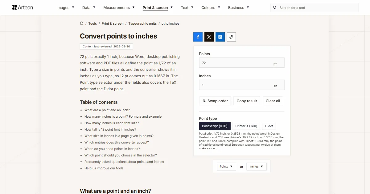Arteon free tool screenshot: Convert points to inches