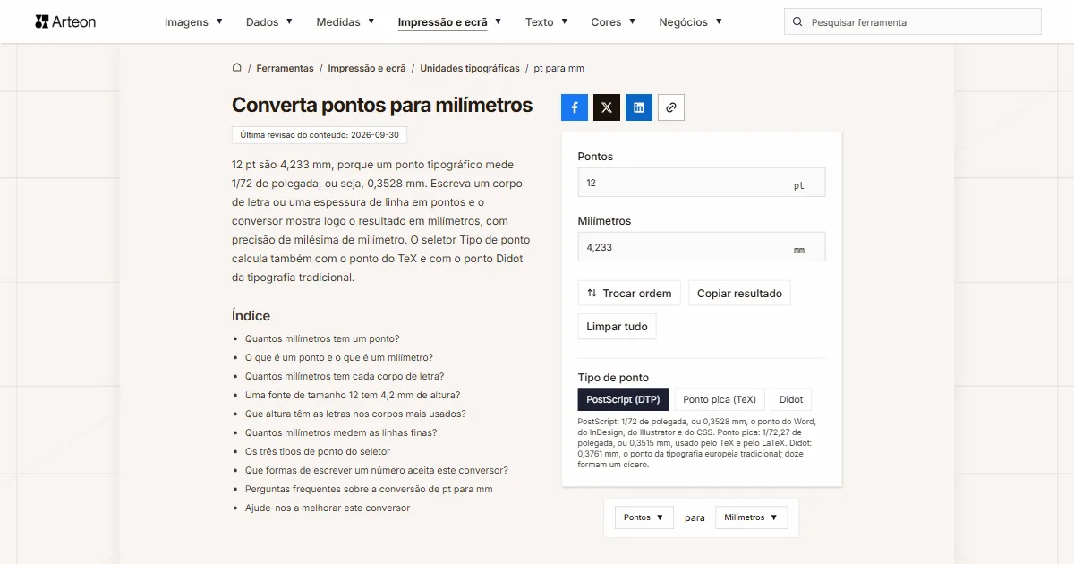 Captura de ecrã da ferramenta gratuita da Arteon: Converta pontos para milímetros