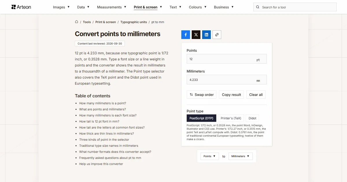 Arteon free tool screenshot: Convert points to millimeters