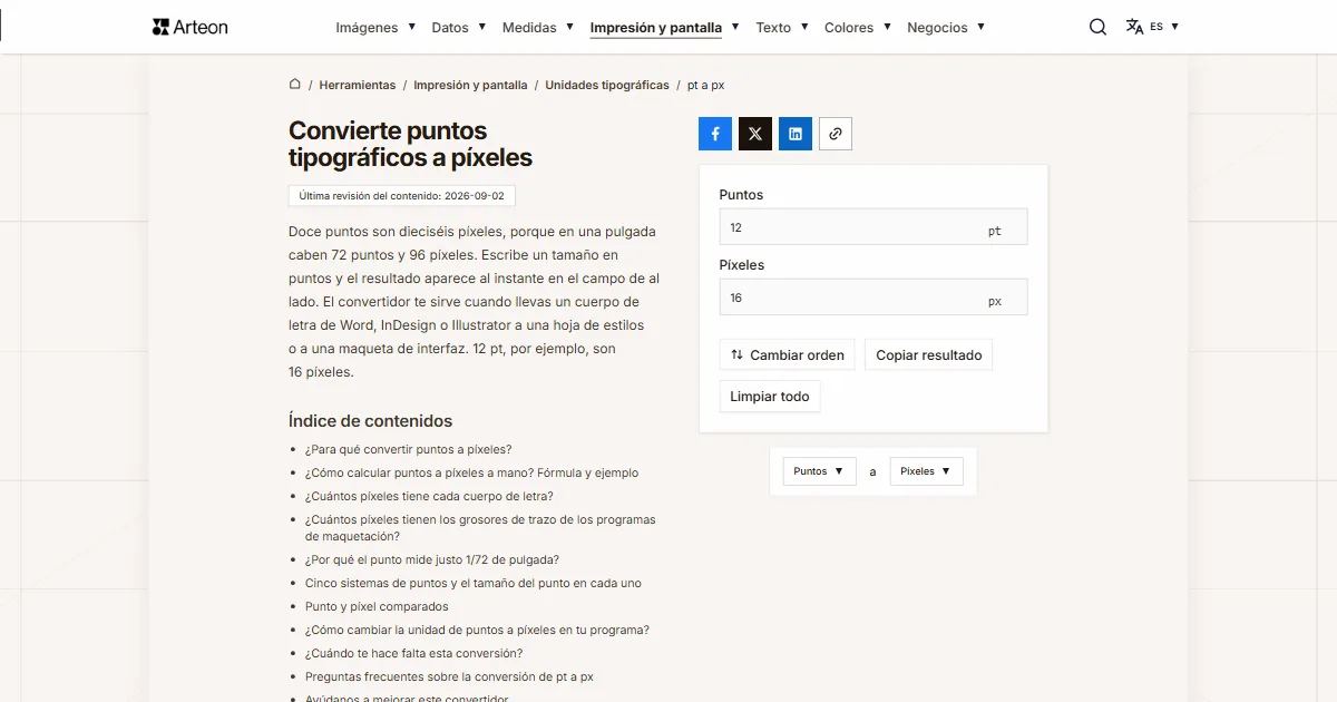 Captura de pantalla de la herramienta gratuita de Arteon: Convierte puntos tipográficos a píxeles