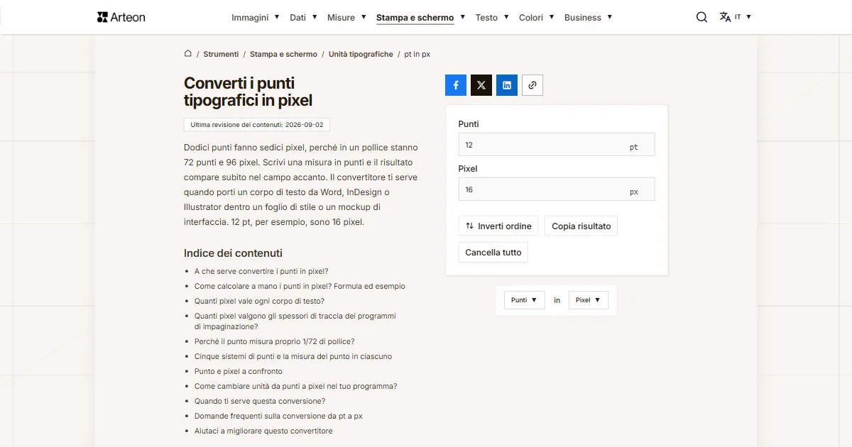 Screenshot dello strumento gratuito Arteon: Converti i punti tipografici in pixel