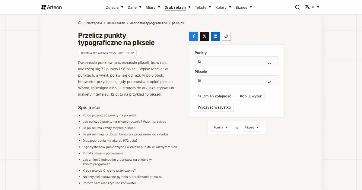 Zrzut ekranu darmowego narzędzia Arteon: Przelicz punkty typograficzne na piksele