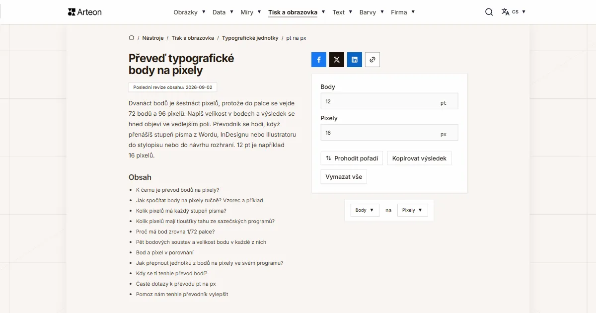 Snímek obrazovky bezplatného nástroje Arteon: Převeď typografické body na pixely
