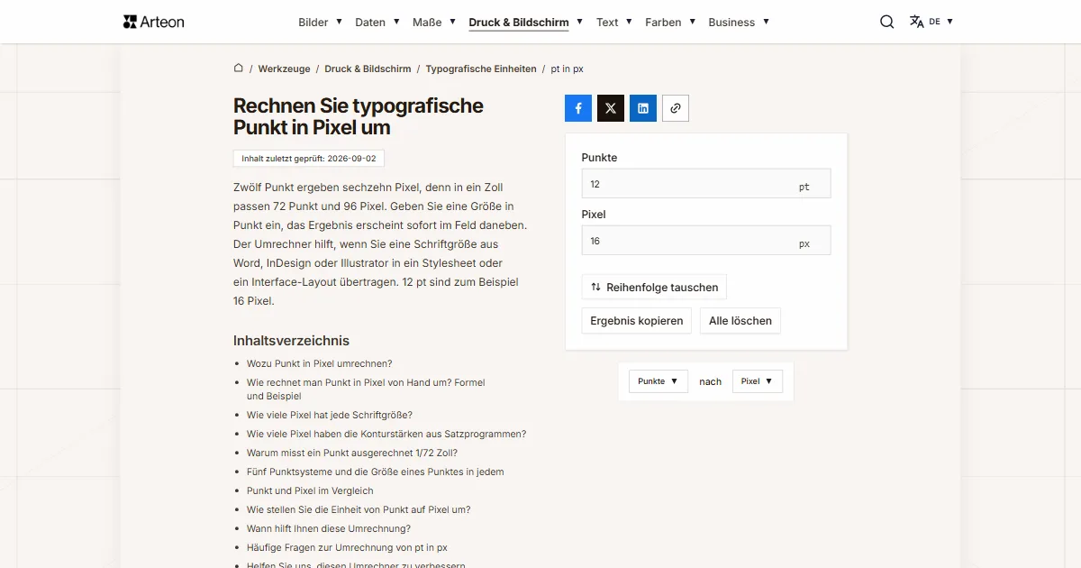 Screenshot des kostenlosen Arteon-Werkzeugs: Rechnen Sie typografische Punkt in Pixel um
