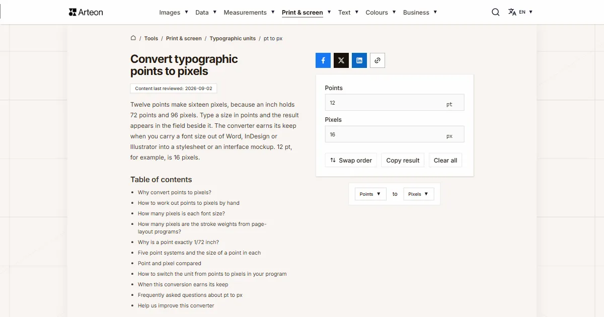 Arteon free tool screenshot: Convert typographic points to pixels