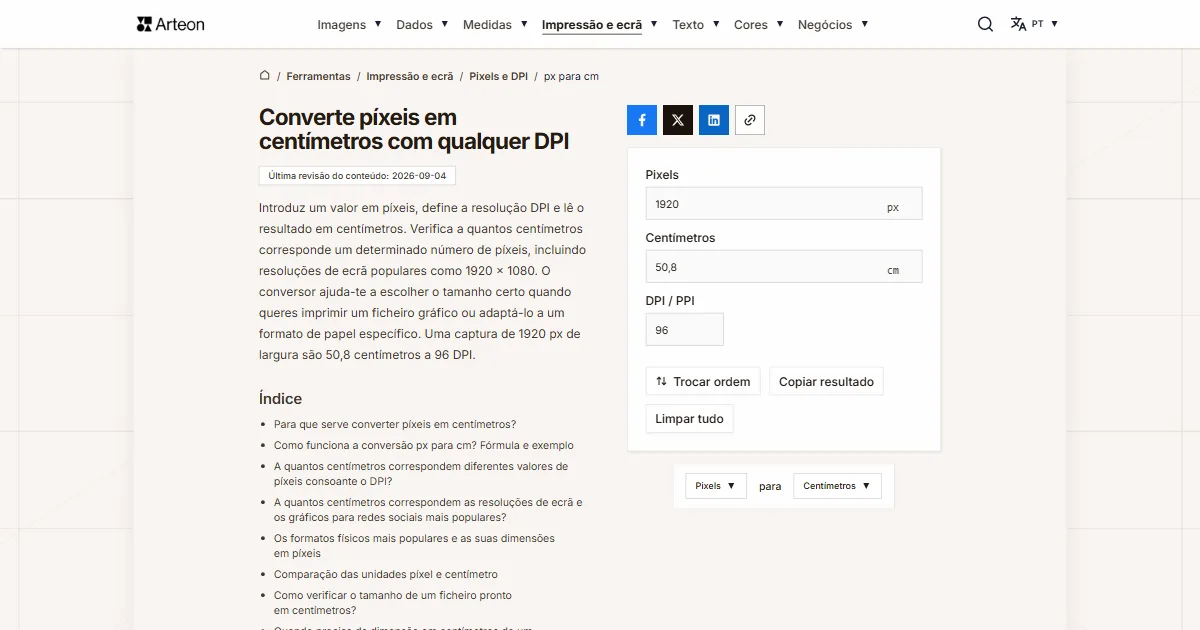 Captura de ecrã da ferramenta gratuita da Arteon: Converte píxeis em centímetros com qualquer DPI