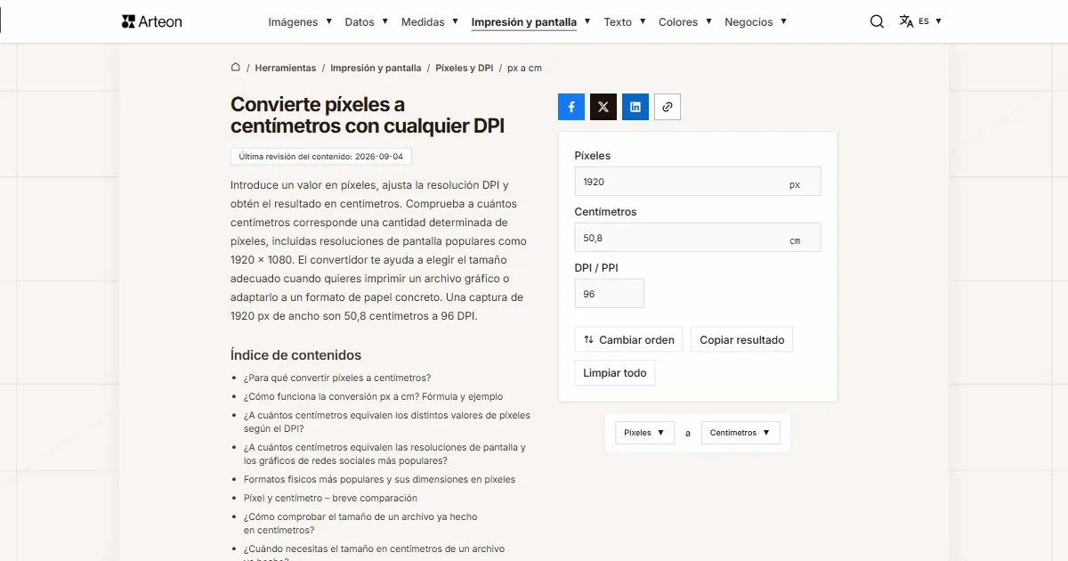Captura de pantalla de la herramienta gratuita de Arteon: Convierte píxeles a centímetros con cualquier DPI