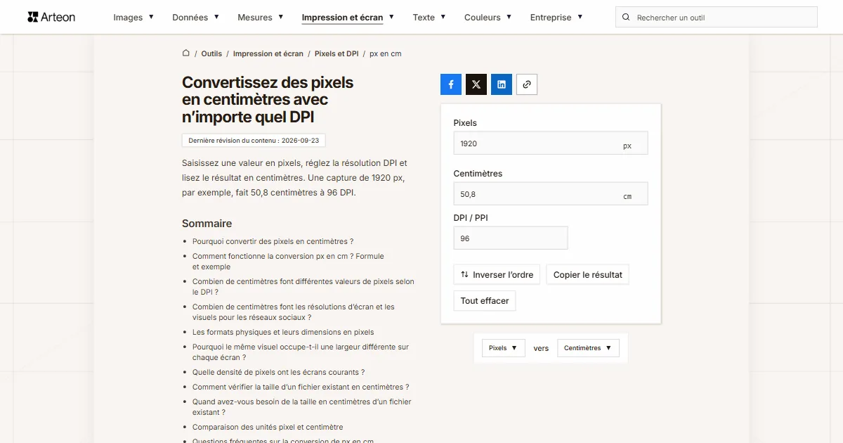px en cm
