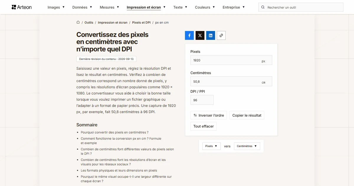 Capture d'écran de l'outil gratuit d'Arteon: Convertissez des pixels en centimètres avec n’importe quel DPI