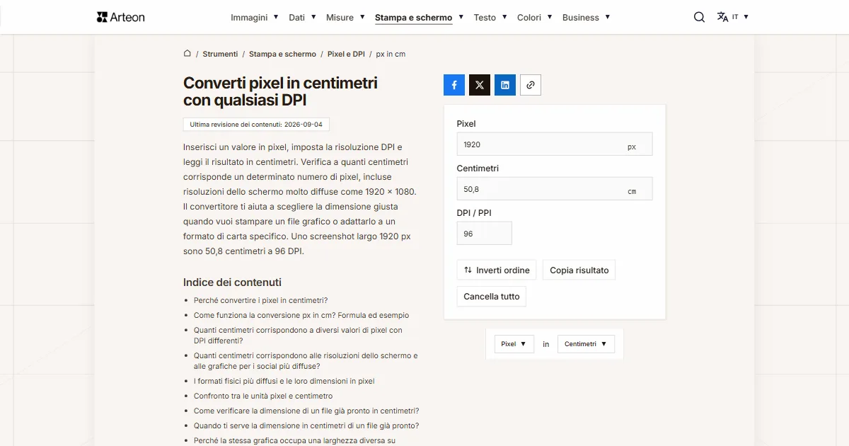 Screenshot dello strumento gratuito Arteon: Converti pixel in centimetri con qualsiasi DPI
