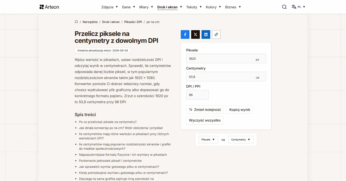Zrzut ekranu darmowego narzędzia Arteon: Przelicz piksele na centymetry z dowolnym DPI