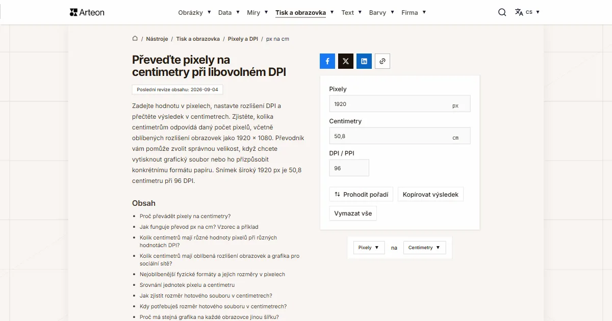 Snímek obrazovky bezplatného nástroje Arteon: Převeďte pixely na centimetry při libovolném DPI