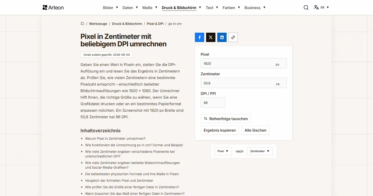 Screenshot des kostenlosen Arteon-Werkzeugs: Pixel in Zentimeter mit beliebigem DPI umrechnen