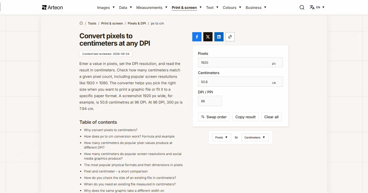 Arteon free tool screenshot: Convert pixels to centimeters at any DPI