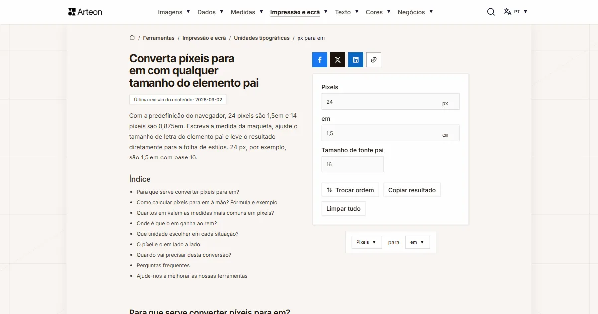 Captura de ecrã da ferramenta gratuita da Arteon: Converta píxeis para em com qualquer tamanho do elemento pai