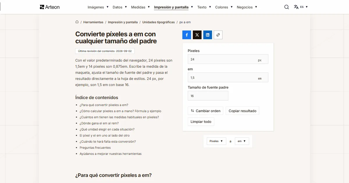 Captura de pantalla de la herramienta gratuita de Arteon: Convierte píxeles a em con cualquier tamaño del padre