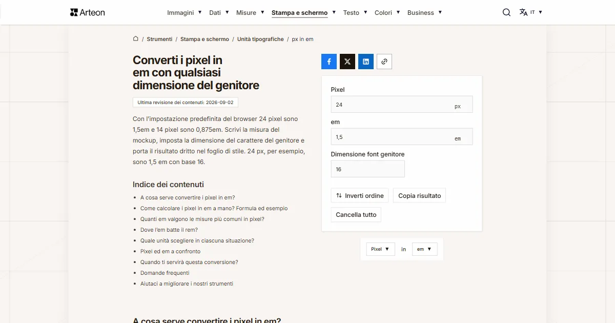 Screenshot dello strumento gratuito Arteon: Converti i pixel in em con qualsiasi dimensione del genitore