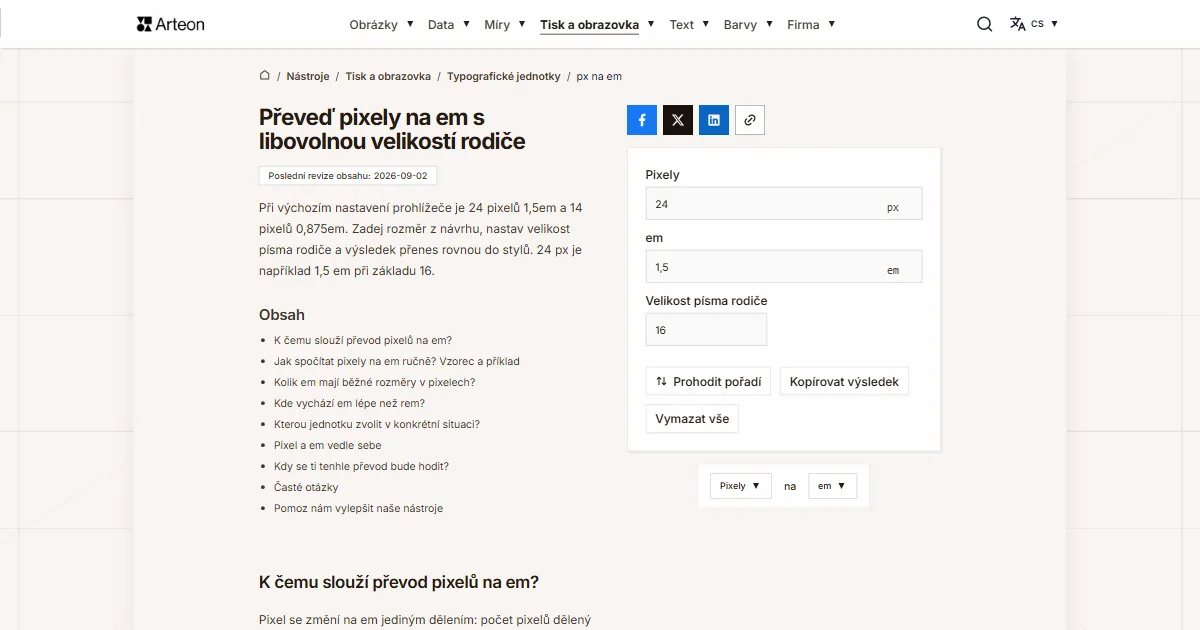 Snímek obrazovky bezplatného nástroje Arteon: Převeď pixely na em s libovolnou velikostí rodiče