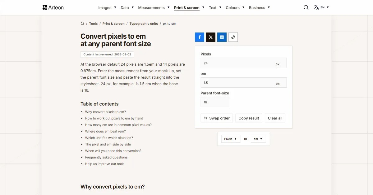 Arteon free tool screenshot: Convert pixels to em at any parent font size