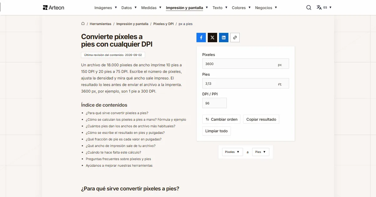 Captura de pantalla de la herramienta gratuita de Arteon: Convierte píxeles a pies con cualquier DPI