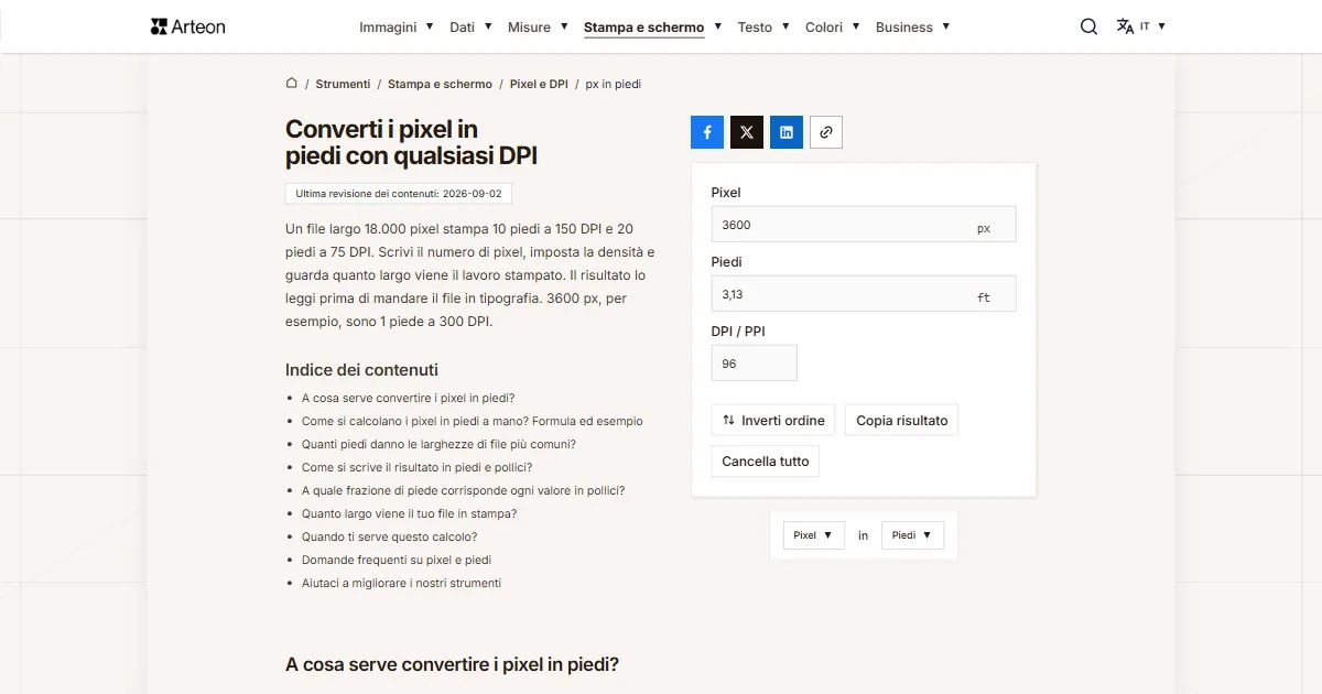 Screenshot dello strumento gratuito Arteon: Converti i pixel in piedi con qualsiasi DPI