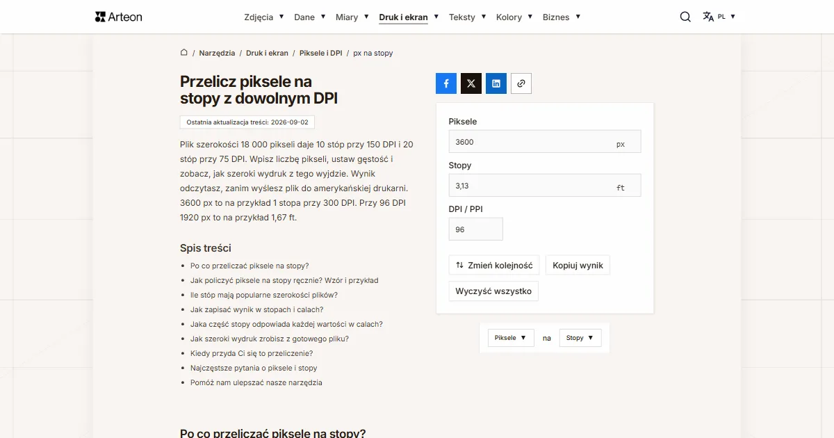 Zrzut ekranu darmowego narzędzia Arteon: Przelicz piksele na stopy z dowolnym DPI