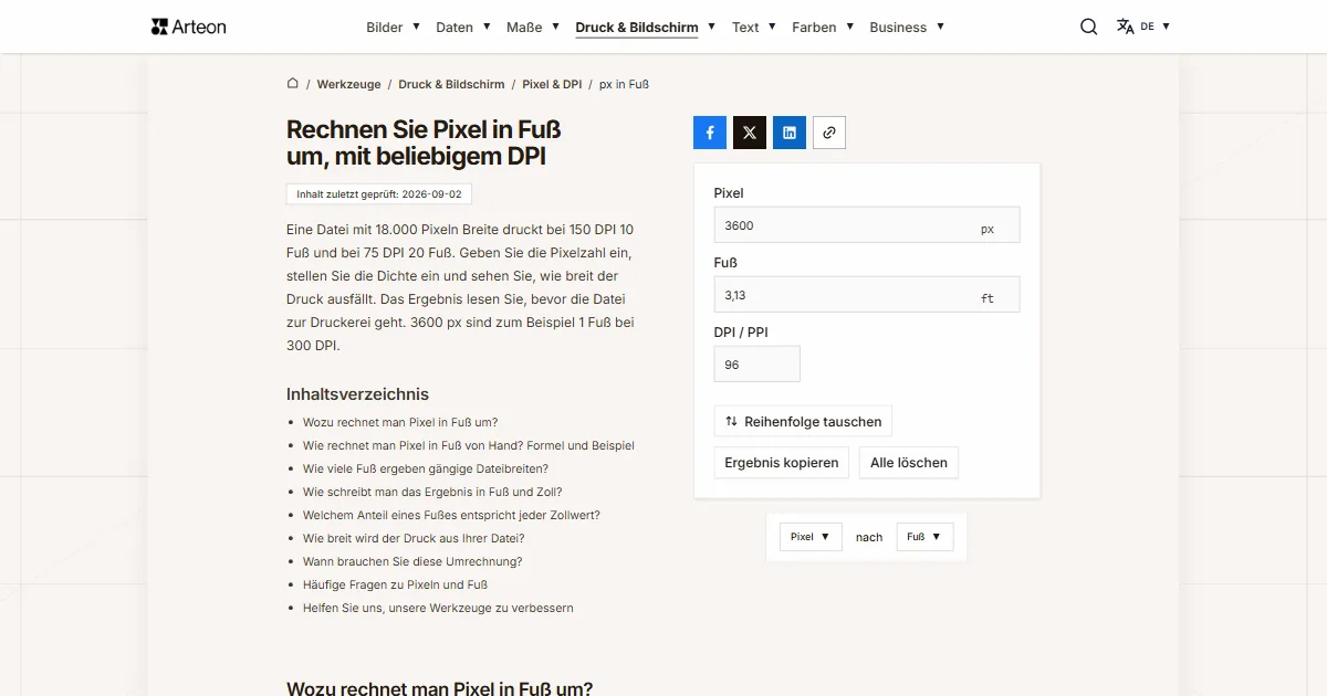 Screenshot des kostenlosen Arteon-Werkzeugs: Rechnen Sie Pixel in Fuß um, mit beliebigem DPI
