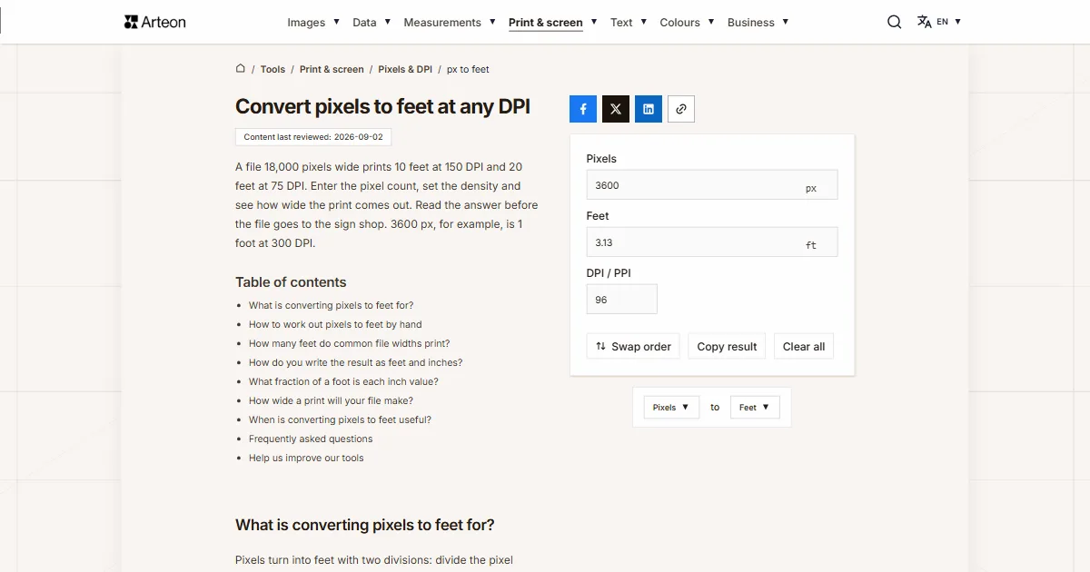 Arteon free tool screenshot: Convert pixels to feet at any DPI