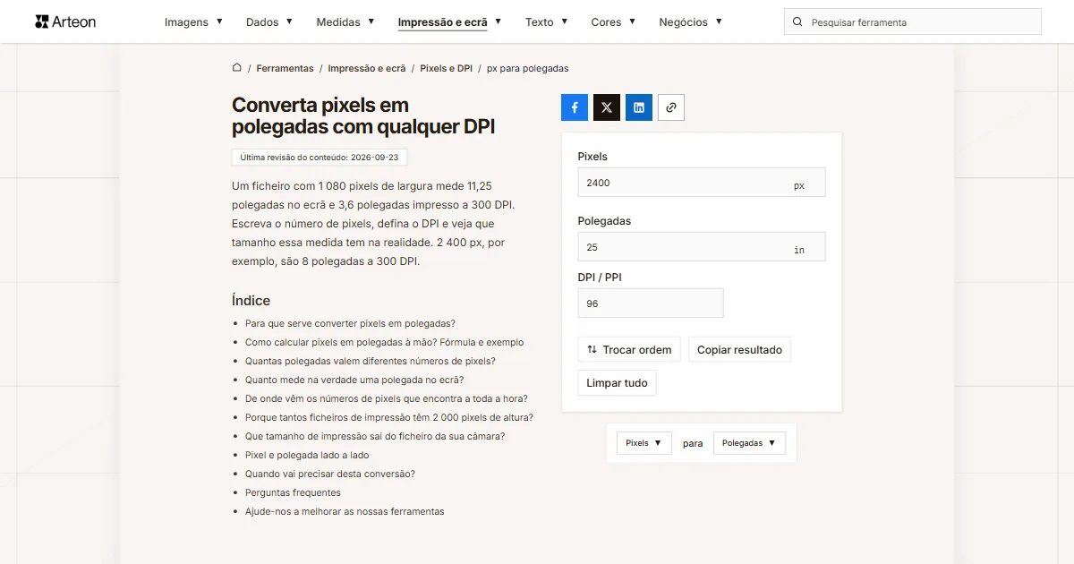 px para polegadas