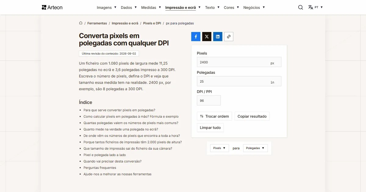 Captura de ecrã da ferramenta gratuita da Arteon: Converta pixels em polegadas com qualquer DPI
