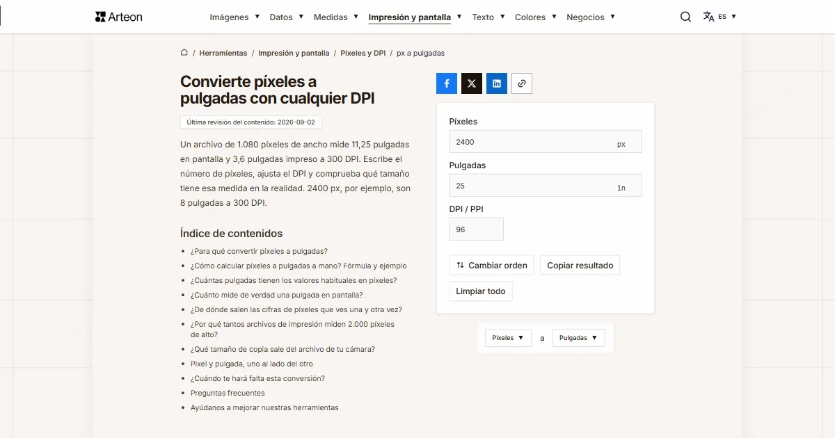 Captura de pantalla de la herramienta gratuita de Arteon: Convierte píxeles a pulgadas con cualquier DPI