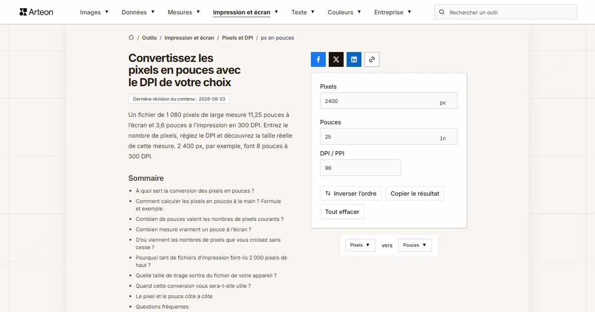 px en pouces